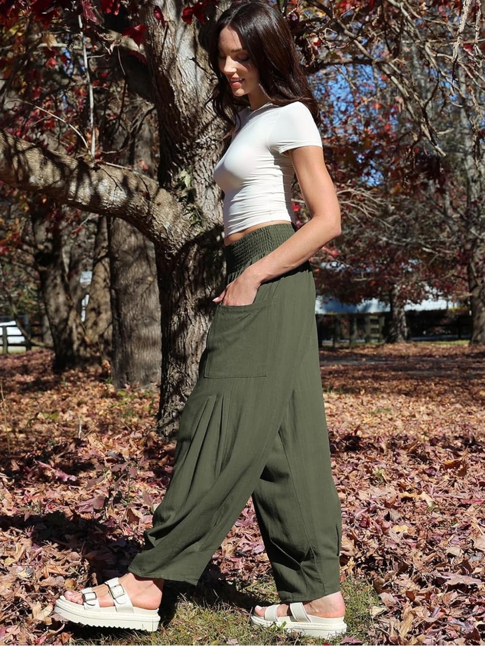 Olive Green Tapered Wide-Leg Pants w Large Side Pockets. Wide elastic waistband - Picture 3 of 12